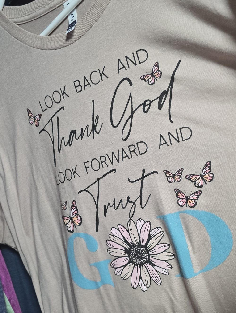 Thank God Trust Graphic Tee - Beige with Blue & Pink Accents